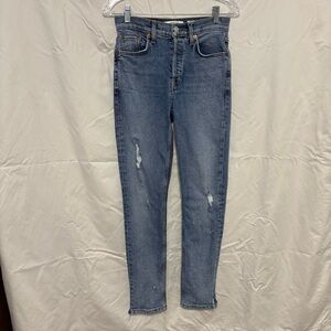 Re/Done Button Fly High Rise Ankle Crop Stretch Jeans Some Distressing